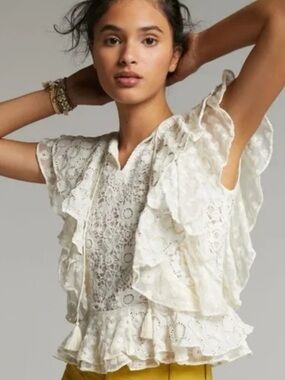 Anthropologie Verb Pallavi Singhee Ruffled Lace Embroidered Ivory Blouse NWOT